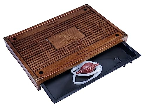 RORA Bamboo Tea Tray Chinese Gongfu Tea Serving Tray with Drawer Type Water Storage Drainage Kungfu Tea Set Table (Brown)