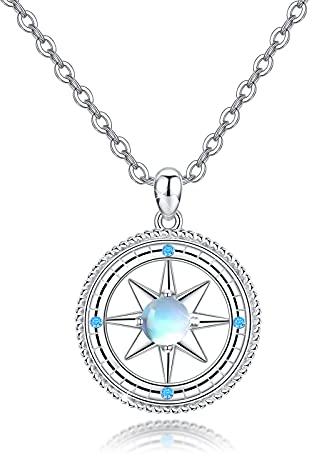 MEDWISE Kompass Halskette 925 Sterling Silber Mondstein Kette Kompass Anhänger Regenbogenstein Kette Amulett Mondstein Schmuck für Damen Tochter Frauen Tochter Freund Geschenke