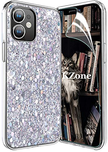 OKZone Compatible with iPhone 13 Mini (5.4 Inches) Case [with HD Screen Protector], Bling Glitter Sparkle Design Slim Fit Soft Gel TPU Silicone Skin Cover Anti-scratch Protective Case (Silver)