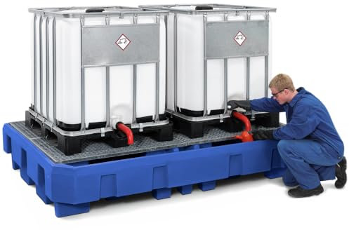 Denios Auffangwanne aus Polyethylen | verzinkter Gitterrost | blau-silber | BxHxT 2460 x 460 x 1800 mm | Volumen 1000 Liter | 2 Fässer | Arbeitssicherheit Notfall-Umweltschutz-Produkte