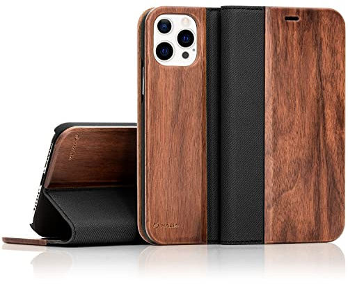 NALIA Echt-Holz Flipcase für iPhone 13 Pro Max Hülle, 360 Grad - Case