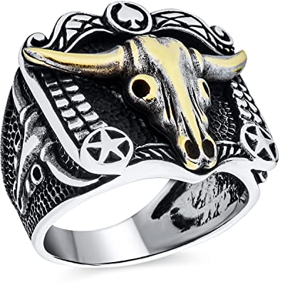 Personalisieren Sie Den Schwarzen Strukturierten Tierbüffel Kuh Schädel Antilopen Ziegen Groß Western Schmuck Texas Longhorn Schädel Herren Signet Ring In Zwei Tönen Aus .925 Sterling Silber Anpassbar
