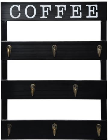 EMAISON Porte-tasses à café mural en bois massif rustique avec 8 crochets, grand espace pour grandes tasses pour cuisine, maison, station de café (noir)