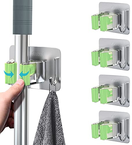 homeasy Mop Broom Holder, 4 Pcs Stainless Steel Self Adhesive Mop Holder Wall Mounted with Hooks Hanger Self-Adhesive Broom Holder for Bathroom, Kitchen, Office, Closet, Garden Garage (Green)