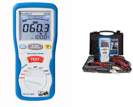 PeakTech 2695, Digitaler Isolationsmesser, 3 ½-stellig, 125/250/500/1000 V, 4000 MΩ & 2705 – Digitales Milliohmmeter mit 4-poligen Kelvin Prüfleitungen, Widerstandsmessungen, TÜV/GS