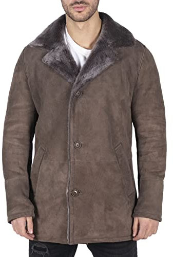 TruClothing.com Herren Lederjacke Echt Schaffell Mantel Beige Vintage 3/4 Schafsleder Jacke Button Down V Hals - Taupe L