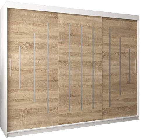 ABIKSMEBLE York 250 - Armadio con ante scorrevoli con asta e ripiano per camera da letto, colore: bianco opaco + rovere Sonoma