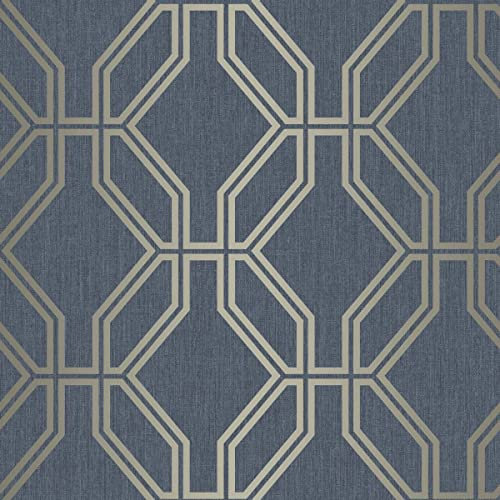 Highgrove Trellis Navy Silver Gold Wallpaper - Geometric Textured Modern Ribbed Contemporary Metallic