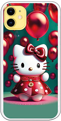 Personalaizer Hello Kitty Schutzhülle mit roten Luftballons, kompatibel mit iPhone 11, transparent, kratzfest, leicht, original und kompatibel mit kabellosem Laden