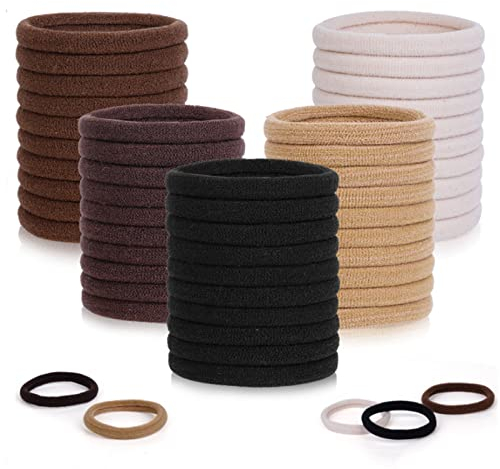 ZHIYE Elastic Hair Ties, 50 Pcs Thick Seamless Hair Bands No Damage Soft Ponytail Holders Hair Bobbles for Girls Women, Neutral
