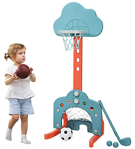 COSTWAY 3 in 1 Kinder Spielplatz, höhenverstellbarer Basketballkorb & Fußballtor & Golf, Basketballständer inkl. Bälle und Golf Club, Korbanlage für Kinder von 2-7 Jahren (Grün)