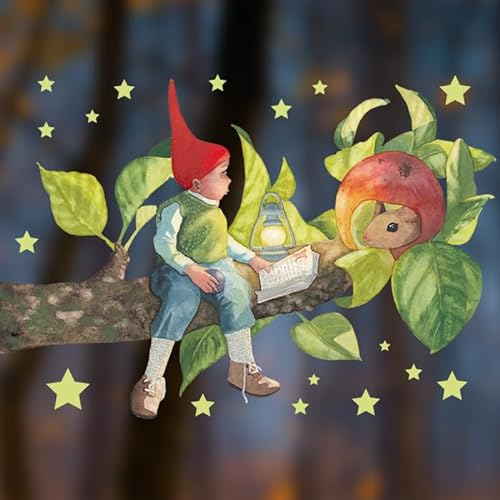 TinyFoxes Fensterbild Apfel-Wichtel - Dekoration für das Fenster im Kinderzimmer - statsich haftend und wiederverwendbar - handgezeichnete Aquarelle - von Kristin Franke