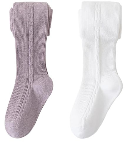 Fadcaer 2 pièces Collant Fille Leggings Filles Coton Collant Fille Collant Danse Classique Fille Thermique Enfant Collant Noir Gris Blanc Violet Collants en Coton pour Enfants 5-8 Ans (Blanc+Violet)