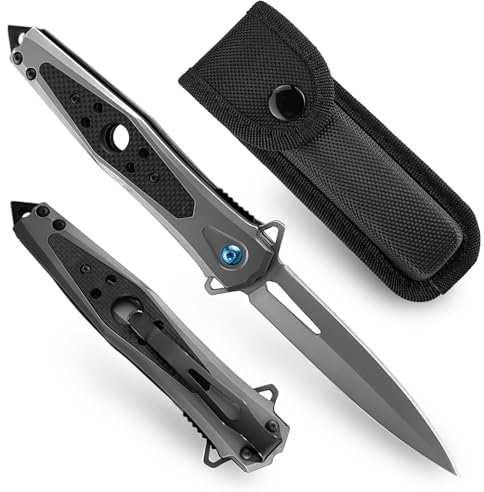 ohmonlyhoo Klappmesser,Einhandmesser mit G10-Griff und Nylonscheide, Taschenmesser mit Taschenclip,für Camping, Wandern, Geschenk für Männer, Grau