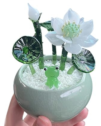 ESTINTENG Kristallglas, kleine Ornamente, Lotusblumen, Lotusblätter, Topfpflanzen, Bonsai-Bastelarbeiten, Tischbohnensprossen-Dekorationen, Topf, weiße Jade, Lotus