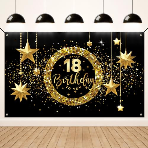 Koliphy 18. Geburtstag Deko, 18. Happy Birthday Banner für Jungen Mädchen, Schwarz Gold Stoff 18 Geburtstagsbanner Hintergrund Party Dekoration Drinnen und Draußen