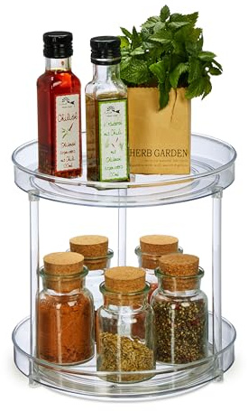 Relaxdays Drehteller, 2-stöckig, Ø 23,5 cm, drehbar, Drehscheibe für Kühlschrank, Kosmetik & Gewürze, rund, transparent
