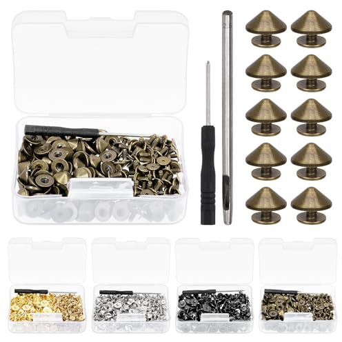 Glarks 100 Set Bronzo Cono Spikes e Studs Kit 4.7mm Bullet Spikes Vite Posteriore Punk Studs e Spikes con Strumenti di Installazione Artigianato in pelle Rivetti Viti per Abbigliamento Scarpe Cinture