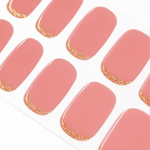 DANNI & TONI Semi Cured Nail Strips,Pink Reverse French Tip Soft Self-Adhesive Gel Nail Stickers(Glitter in My Eyes),Salon-Quality Gel Nail Polish Strips Manicure Stickers Set 28 Stickers