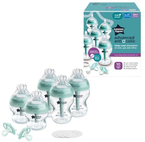 Tommee Tippee Advanced Anti-Colic 10-teiliges Flaschen- und Schnuller-Set, 12,7 und 266 ml, BPA-freie Flaschen, Neugeborene ab 0 Monaten, langsamer und mittelhoher Durchfluss, brustähnliche