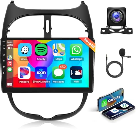 2G+64G Android Autoradio 2 Din für Peugeot 206 206CC 206SW 2000-2016 Citroen C2 2002-2010 9 Zoll Autoradio mit Wireless Carplay Android Auto Navi GPS WiFi Mirror Link Bluetooth FM/RDS Rückfahrkamera