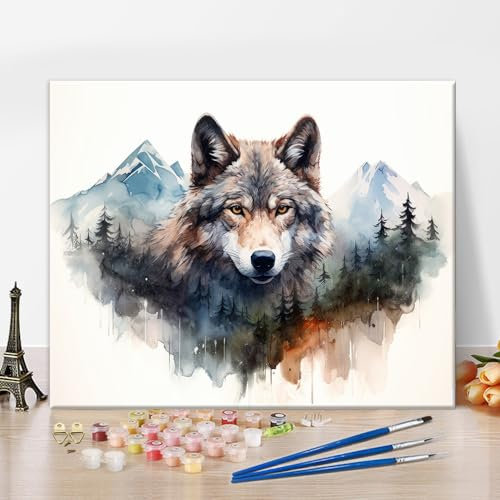 Peinture par numéros pour adultes, loup adulte peinture par numéros Kits forêt de montagne peinture animal peinture art peinture par numéros toile peinture à l'huile simple peinture par numéros kits