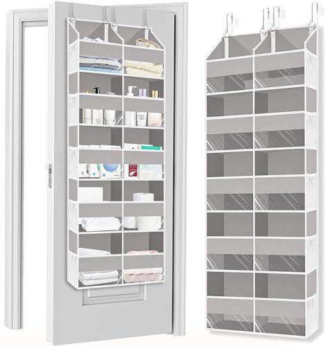 Over The Door Organizer, 5-Tier Extra Large Behind Door Storage with 10 Big Front & 10 Mesh Pockets, 80lb Capacity, Hanging Storage Organizer with Clear Window Kids Toys, Shoes, Diapers, Light Grey
