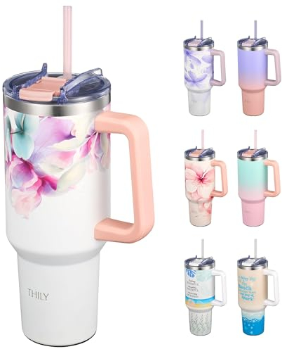 THILY Stainless Steel Insulated Travel Mug 40 oz Water Tumbler with Handle, Coffee Mug with Lid and Straws, Cupholder Friendly, Dishwasher Safe, Pink Lilies