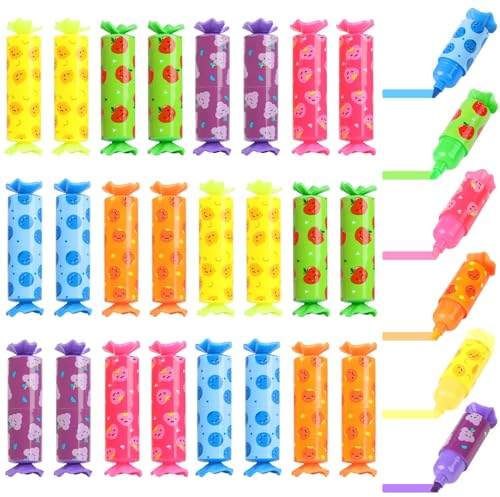 SULOLI 24 Pezzi Mini Caramelle Evidenziatori,Set Evidenziatori Colorati a 6 Colori per Scuola Ufficio Disegno,Gadget Regalo Fine Festa Compleanno per Bambini