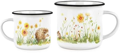 Purely Home Tasse mit Igel und Maus, Waldwesen, Naturgeschenk, Emaille-Look, für Tee, Kaffee, Heißgetränke, Keramiktasse