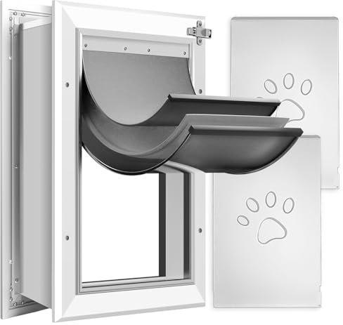Petoasis 3-Klappen-Hundetür aus Aluminium für extreme Wetterbedingungen, energiesparend und wärmeisolierend, widersteht Regen, Wind und Schnee (Silberweiß, Größe L für Wandmontage)