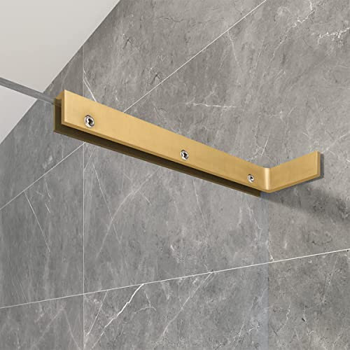 Panel de ducha de vidrio fijo sin marco con barra de soporte de pared a vidrio, soporte de montaje estabilizador en forma de L para instalación sin taladro (vidrio dorado a la izquierda)