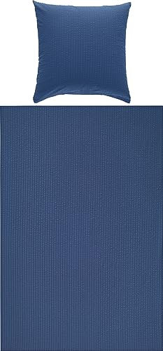 Erwin Müller Bettwäsche-Set Seersucker Uni Serie Rosenheim, Bettbezug, Kissenbezug dunkelblau Größe 80x80 cm / 135x200 cm - pflegeleicht, bügelfrei, mit Reißverschluss