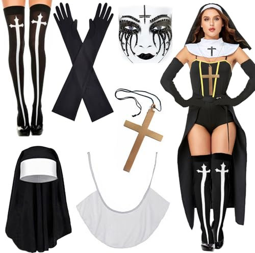 Joycabin 6 Stück Nonne Kostüm Damen, Nonne Accessoire Nonnen Kopfschmuck Kragen Handschuhe Kreuz Anhänger Kniestrümpfe Tattoo Glitzersteine Gesicht für Halloween Karneval Nonne Damen Cosplay