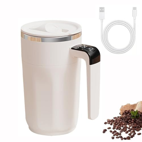 OPSLEA Self-Stirring Coffee Mug Magnetic Stirring Cup Rechargeable Automatic Mixing Cup w/LCD Thermometer for Coffee Tea Hot Chocolate (White)