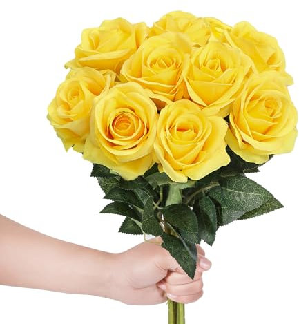LEUCHTAMOR Lot de 10 roses artificielles en soie - 54 cm - Longue tige - Réalistes - Pour bricolage, bouquet de mariée, arrangements, fête et décoration de maison (jaune pur)
