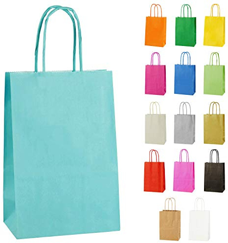 Thepaperbagstore 50 Light Blue Paper Bags with Twist Handles 14x21x8cm | colour recyclable kraft, ideal for sweets, favours, gifts, weddings, birthdays, parties and events