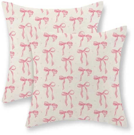 JEFERSO Kissenbezüge mit rosa Schleife, modern, ästhetisch, rosa, niedlich, kokett, adrett, für Mädchenzimmer, Schlafzimmer, Zuhause, dekorative Dekokissen für Couch, Sofa, Dekoration, 45,7 x 45,7 cm