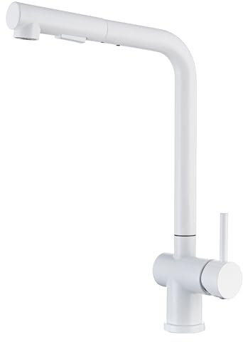 EGSO Grifo cocina Blanco Grifo cocina extraible, grifo mezclador de cocina con 2 tipos de chorro, grifo de fregadero giratorio de 360°, fregadero de acero inoxidable Grifo de cocina