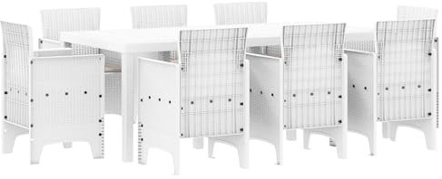 vidaXL 9-teiliges Garten-Esszimmer-Set für 8 Personen in Weiß | Moderner Outdoor-Tisch mit Kissen, Coole Möbel für Balkon oder Terrasse, Poly-Rattan für gesellige Runden, Gartenmöbel