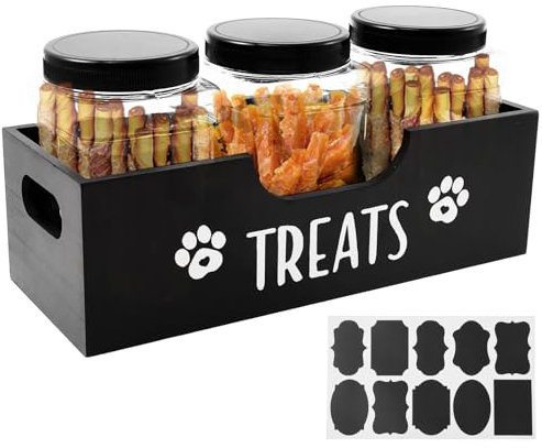HAIJED Dog Treat Container, Wood Dog Food Storage Containers with 3 Plastic Jar, Airtight Dogs Treat Jar, Pet Food Organizer for Pett Dogs and Cat
