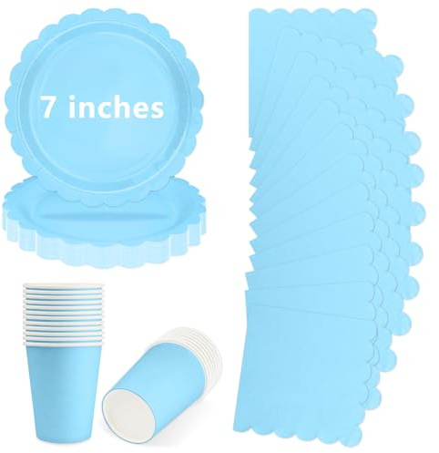 72Pcs Blue Paper Plates, Disposable Party Plates Cups and Napkins, 7 Inch Strong Picnic Plate, Baby Blue Party Tableware Set 24 Guests for Birthday Wedding Table Decorations