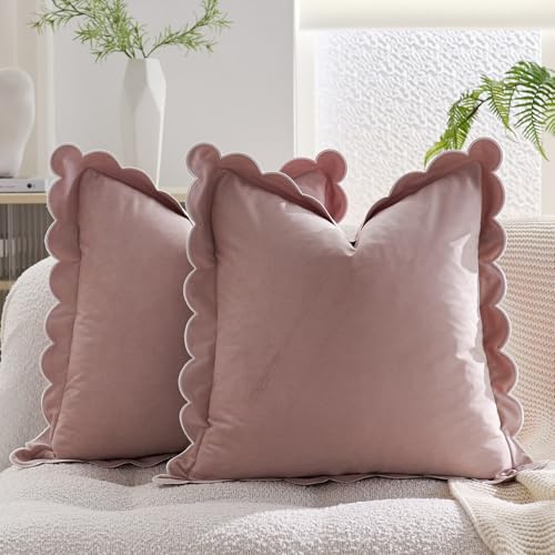 HOSTECCO Rüschen-Kissenbezüge, 45,7 x 45,7 cm, 2 Stück, rosa, Samt-Akzentkissen für Couch, Sofa, Dekoration