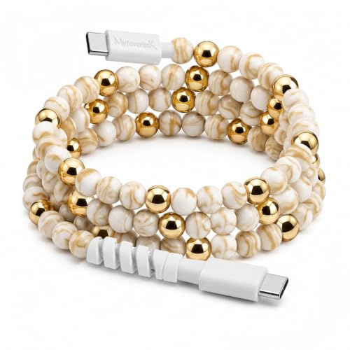MyfavoriteK Elegant Beaded Phone Charger Shiny Cute USB Cable iPhone USB-C Charging Cable Colorful 3.3ft Cord for Smartphones (USB-C to USB-C, Marble & Gold)
