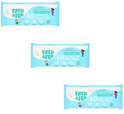 Bizzal Fred & Flo Extra Large Head-to-Toe Baby Wipes, Fragrance Free, Plant Based, Dermatologically Approved, 60 Count, Pack of 3, Total 180 wipes
