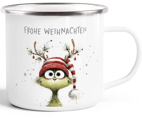SpecialMe® Emailletasse Frohe Weihnachten Lustige Tiere Grinch Winter Weihnachtsbecher Geschenkidee Weiss-silber standard