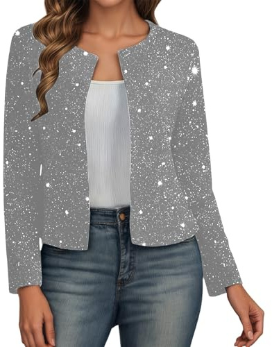 Hsternexy Glitzer Strickjacke Damen Kurz Offene Vorne Cardigan Langarm Bolero Dünne Elegant Pailletten Jacke Bolerojacke Leicht Schulterjacke Trachten Silvester Festliche Oberteile