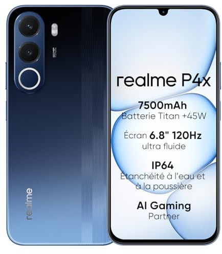 Smartphone realme P4X 4G, 4GB+256GB, Pantalla LCD 120Hz 6,8, Batería Titan 7500mAh, Carga rápida 45W, Carga inversa 6W, Antichoque MIL-STD 810H, IP64, Sistema Next IA, Azul Fantasma (Sin Cargador)