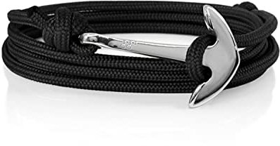 Anchor Rope Bracelet for Men & Women Made from Stainless Steel and Durable Rope - Adjustable - Handmade in The UK - (Black & Silver)