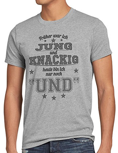 style3 Früher war ich Jung und Knackig Heute Bin ich nur noch UND Herren T-Shirt Funshirt Spruch Shirt Fun, Größe:L, Farbe:Grau meliert